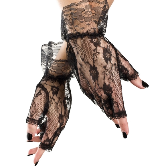 Black Wrist Length Lace Fingerless Gloves - Picture 3 of 4